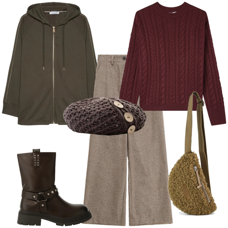 Outfit donna - Total look #2355790. Stile Casual per Tutti i giorni. Abbinamento con berretti, stivali, maglieria, felpe con cappuccio, pantaloni a palazzo, marsupi.