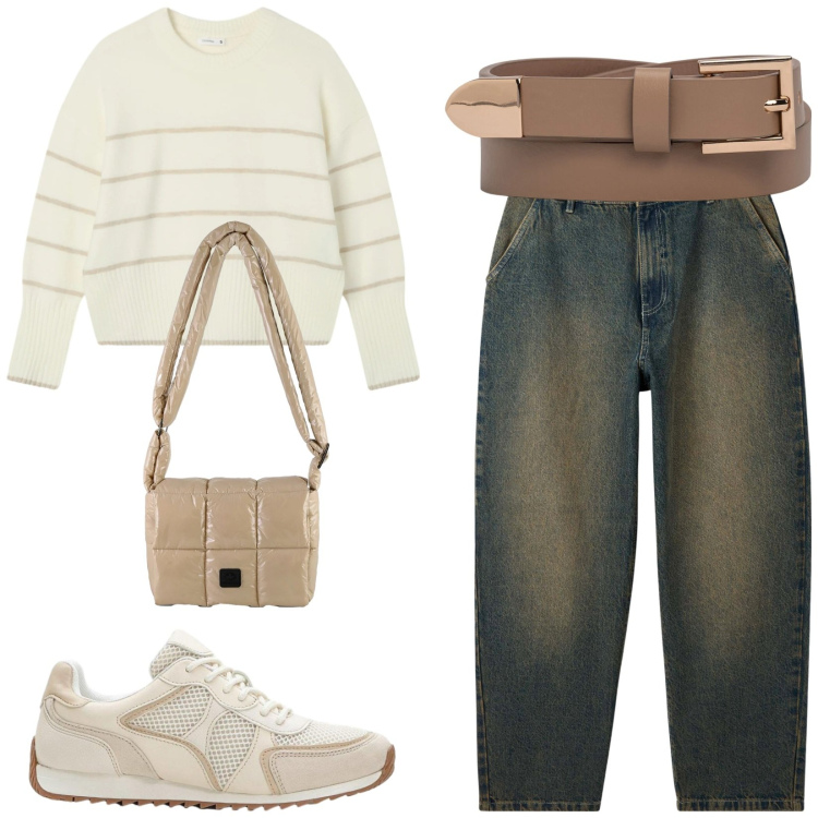 Outfit donna - Total look #2355802. Stile Casual per Tutti i giorni. Abbinamento con sneakers alte, jeans, maglieria, borse a spalla, cinture.