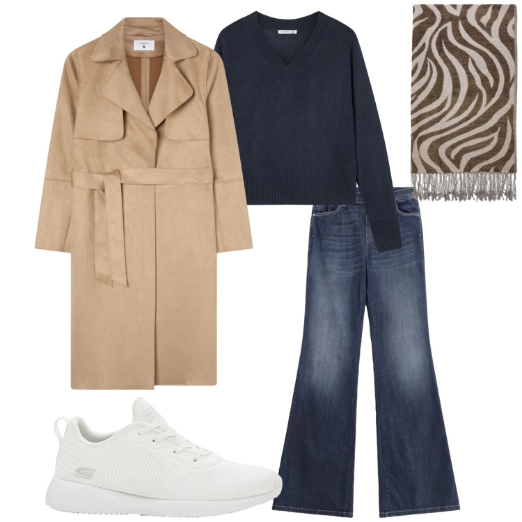 Outfit donna - Total look #2355804. Stile Casual chic per Tutti i giorni. Abbinamento con sneakers, trench, maglieria, foulard, jeans a zampa.