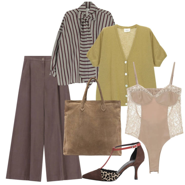 Outfit donna - Primavera. Stile Bon Ton per Tutti i giorni. Abbinamento con pantaloni a palazzo, camicie, body, cardigans, décolleté, borse a mano.