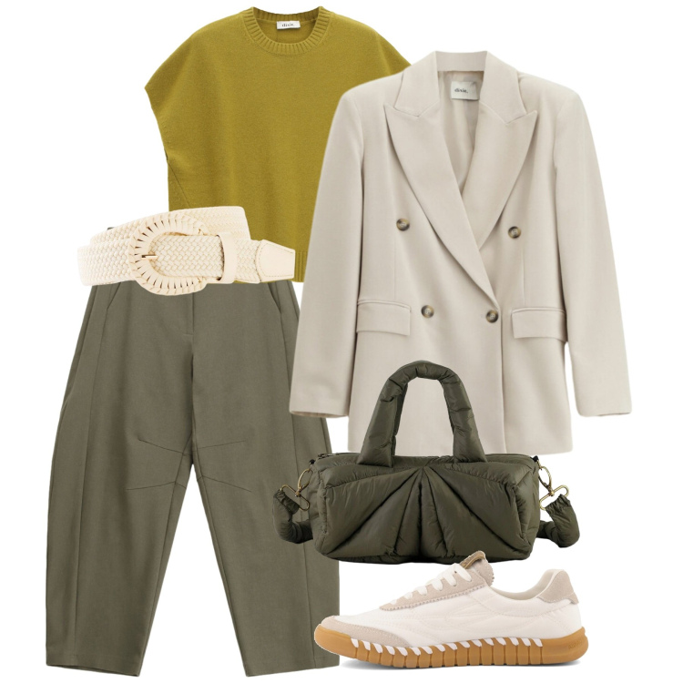 Outfit donna - Primavera. Stile Casual chic per Tutti i giorni. Abbinamento con cinture, pantaloni, maglieria, blazer, borse a mano, sneakers.