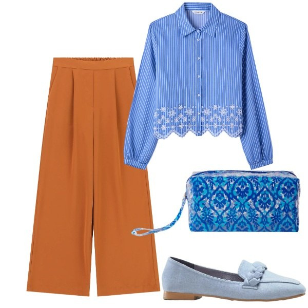 Outfit donna - Che fastidio. Stile Mannish per Ufficio. Abbinamento con mocassini, pochette, camicie, pantaloni a palazzo.