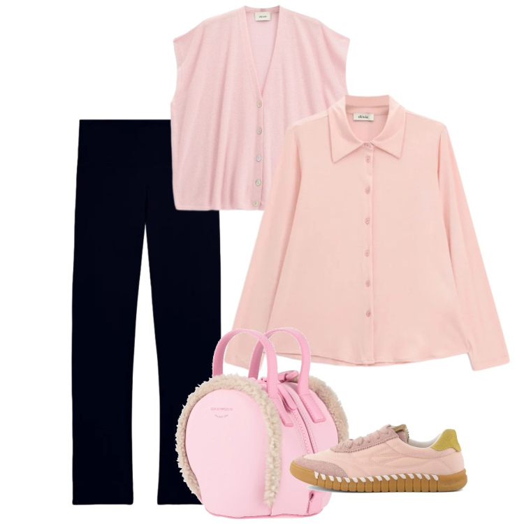 Outfit donna - Think pink. Stile Bon Ton per Tutti i giorni. Abbinamento con zaini, camicie, gilet, pantaloni, sneakers.