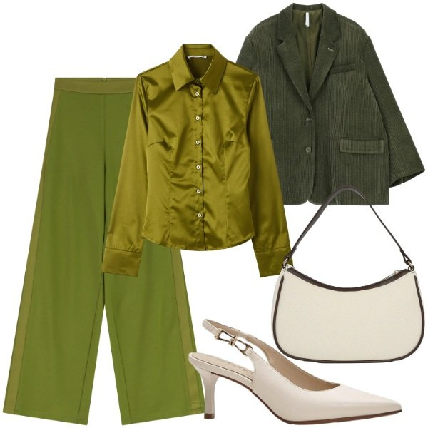 Outfit donna - Che fastidio. Stile Mannish per Ufficio. Abbinamento con décolleté, borse a tracolla, camicie, pantaloni a palazzo, blazer.