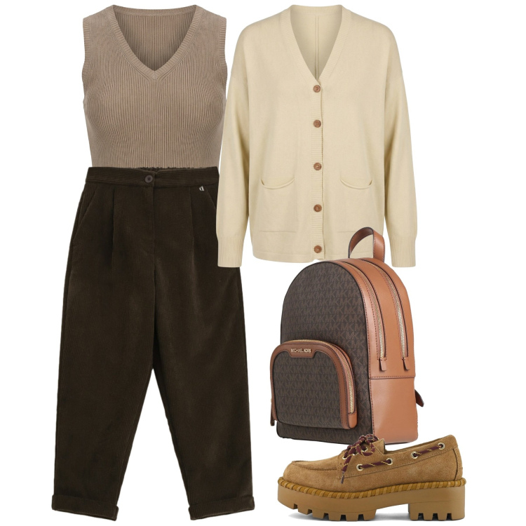 Outfit donna - City spring. Stile Bon Ton per Ufficio. Abbinamento con zaini, canottiere, cardigans, pantaloni, mocassini.