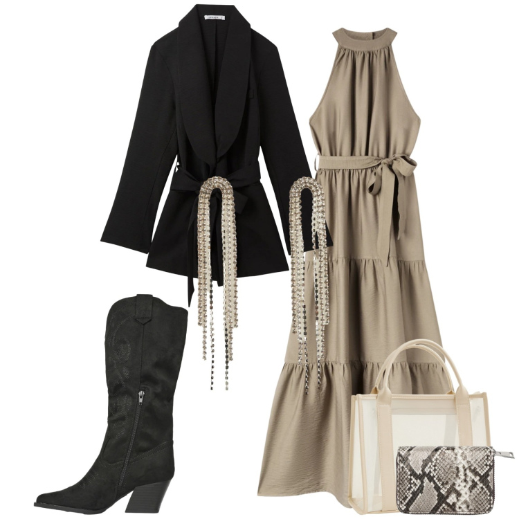 Outfit donna - Terranova- desert code. Stile Glamour per Tutti i giorni. Abbinamento con orecchini, portafogli, borse tote, stivali, vestiti lunghi, blazer.