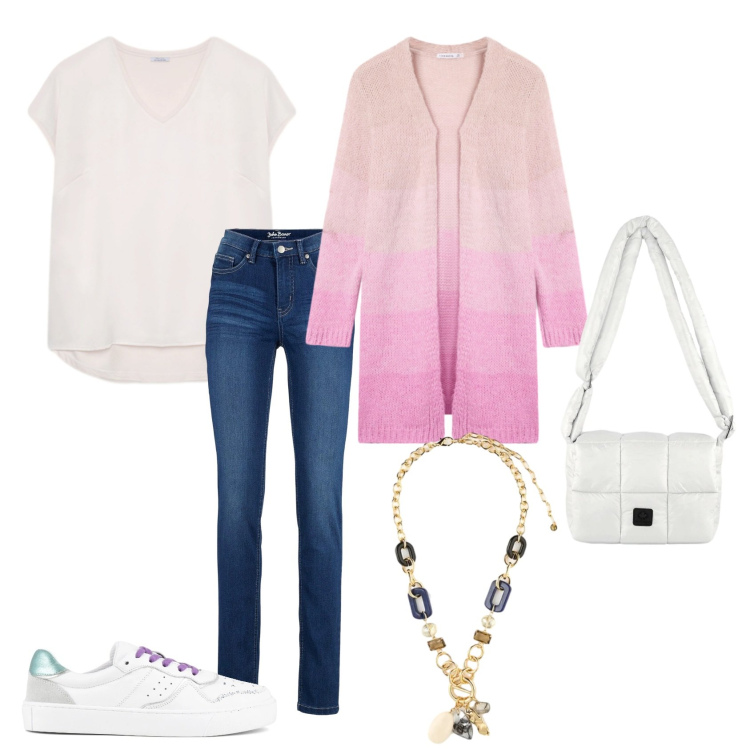 Outfit donna - Total look #2355845. Stile Chic per Ufficio. Abbinamento con jeans, cardigans, collane, bluse, borse a spalla, sneakers.