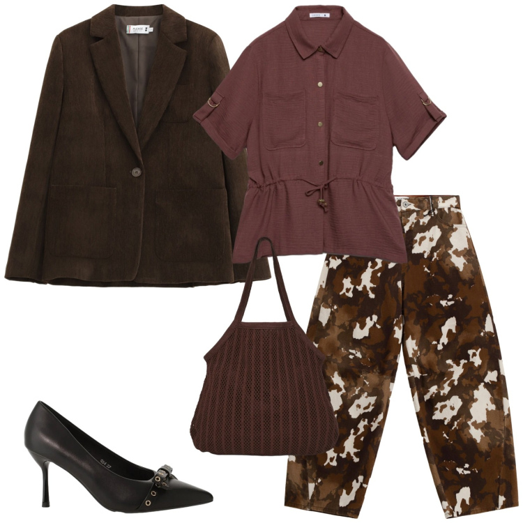 Outfit donna - Total look #2355853. Stile Chic per Tutti i giorni. Abbinamento con shopping bag, camicie a manica corta, décolleté, blazer, pantaloni a palazzo.
