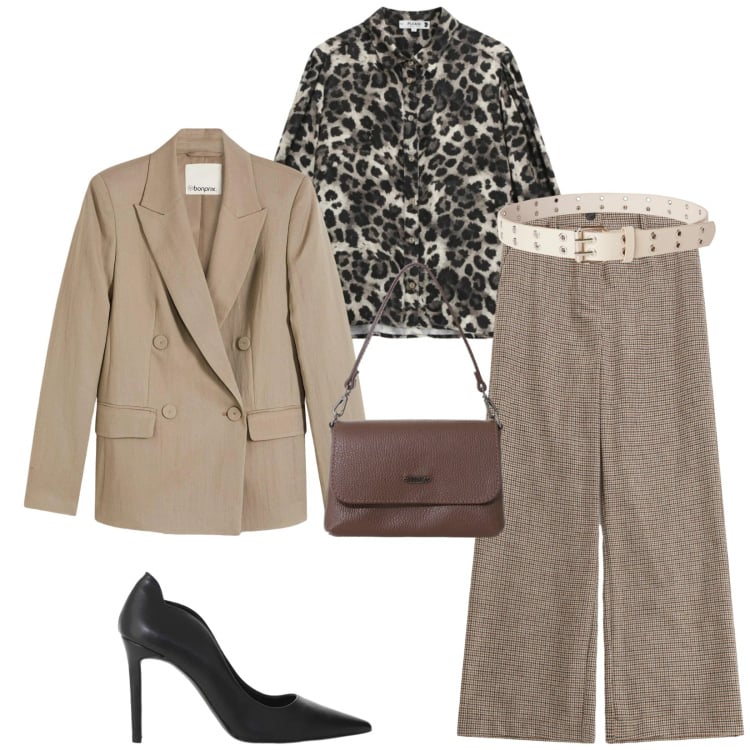 Outfit donna - Total look #2355855. Stile Chic per Ufficio. Abbinamento con blazer, cinture, pantaloni a palazzo, camicie, décolleté, borse a tracolla.