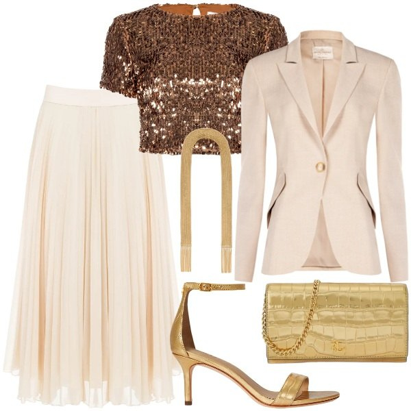 Outfit donna - Rinascimento . stile e glamour. Stile Glamour per Cerimonia. Abbinamento con bluse, blazer, gonne longuette, sandali in pelle, borse a tracolla, collane.