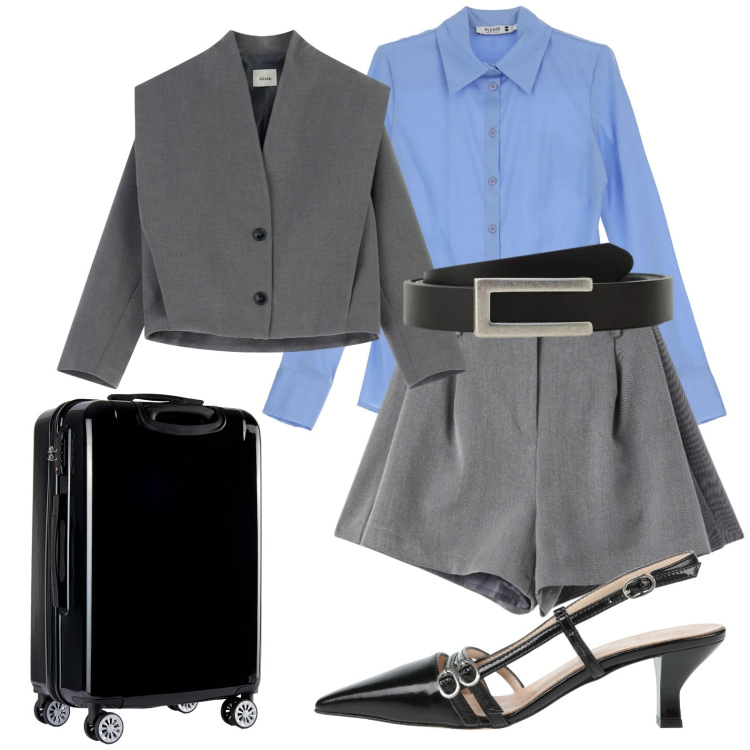 Outfit donna - Riunione informale fuori sede. Stile Glamour per Tutti i giorni. Abbinamento con décolleté, shorts, blazer, cinture, valigie, camicie.