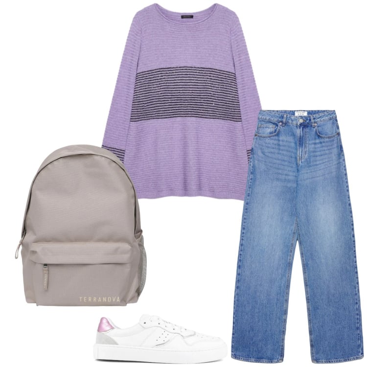 Outfit donna - Total look #2355870. Stile Casual per Tutti i giorni. Abbinamento con maglieria, zaini, jeans, sneakers.