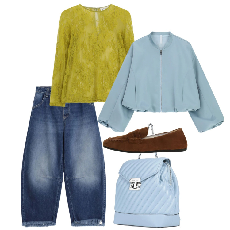 Outfit donna - Primavera. Stile Basic per Tutti i giorni. Abbinamento con zaini, bomber, top, mocassini, jeans.