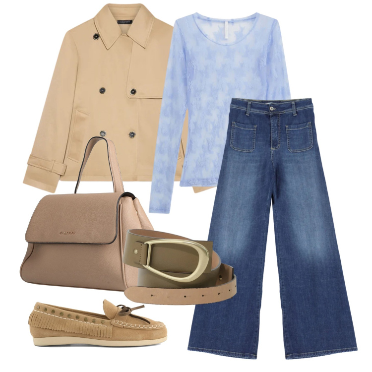 Outfit donna - Marzo. Stile Casual per Tutti i giorni. Abbinamento con zaini, bluse, trench, cinture, jeans, mocassini.