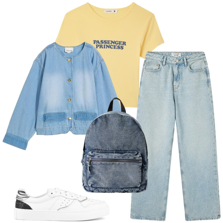 Outfit donna - Total look #2355882. Stile Casual per Tutti i giorni. Abbinamento con blazer, zaini, jeans, t-shirt, sneakers.