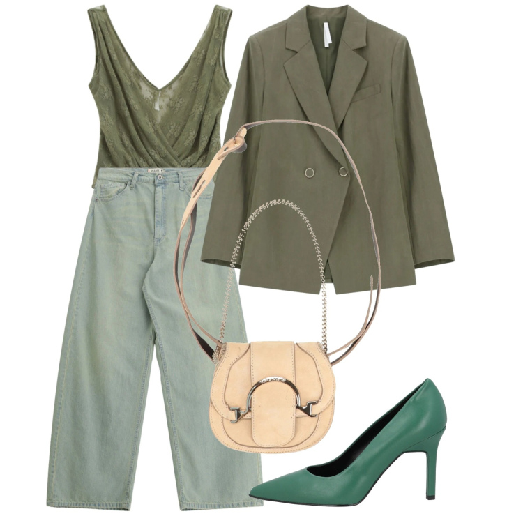 Outfit donna - Serata in jeans. Stile Casual chic per Serata fuori. Abbinamento con décolleté, marsupi, top, blazer, jeans.