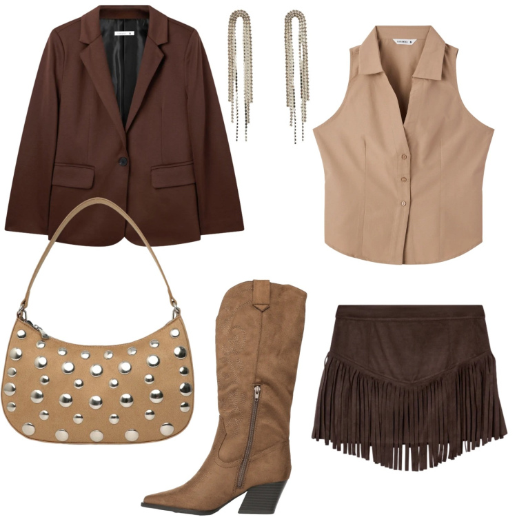 Outfit donna - Far West in città. Stile Trendy per Tutti i giorni. Abbinamento con top, orecchini, stivali, borse a tracolla, blazer, minigonne.
