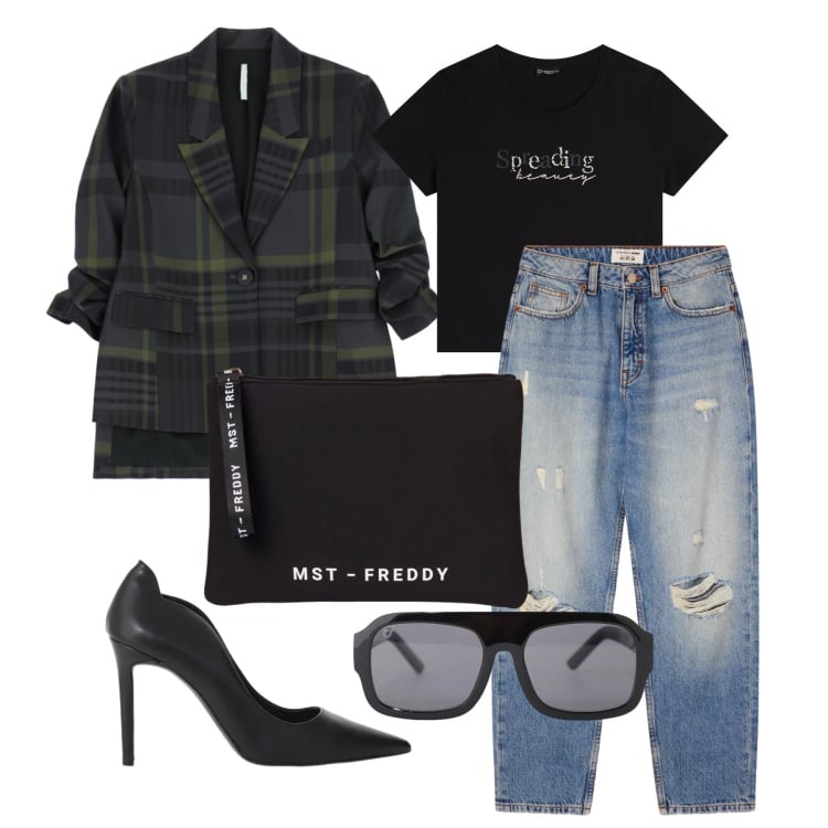 Outfit donna - Marzo. Stile Trendy per Tutti i giorni. Abbinamento con jeans mom, occhiali da sole, blazer, décolleté, t-shirt, pochette.