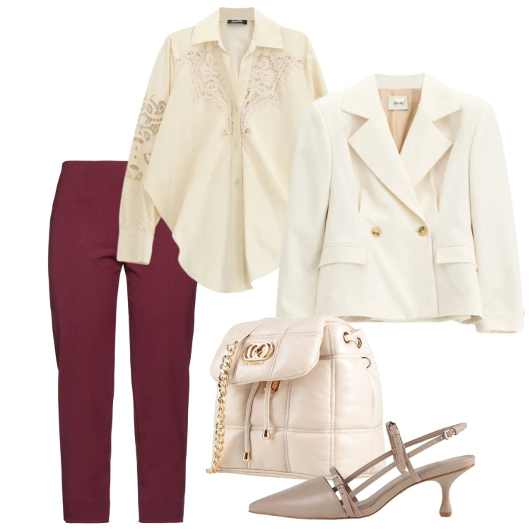 Outfit donna - Cerimonia ecrù. Stile Chic per Cerimonia. Abbinamento con décolleté, valigie, pantaloni, blazer, camicie.