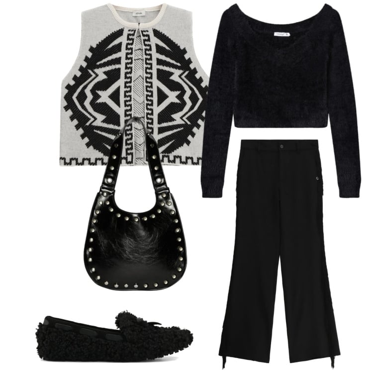 Outfit donna - Total look #2355889. Stile Casual per Tutti i giorni. Abbinamento con borse a spalla, maglieria, pantaloni a palazzo, gilet, mocassini.