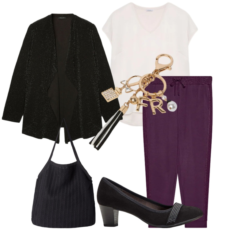 Outfit donna - Total look #2355895. Stile Casual chic per Ufficio. Abbinamento con décolleté, shopping bag, bluse, pantaloni, portachiavi, cardigans.