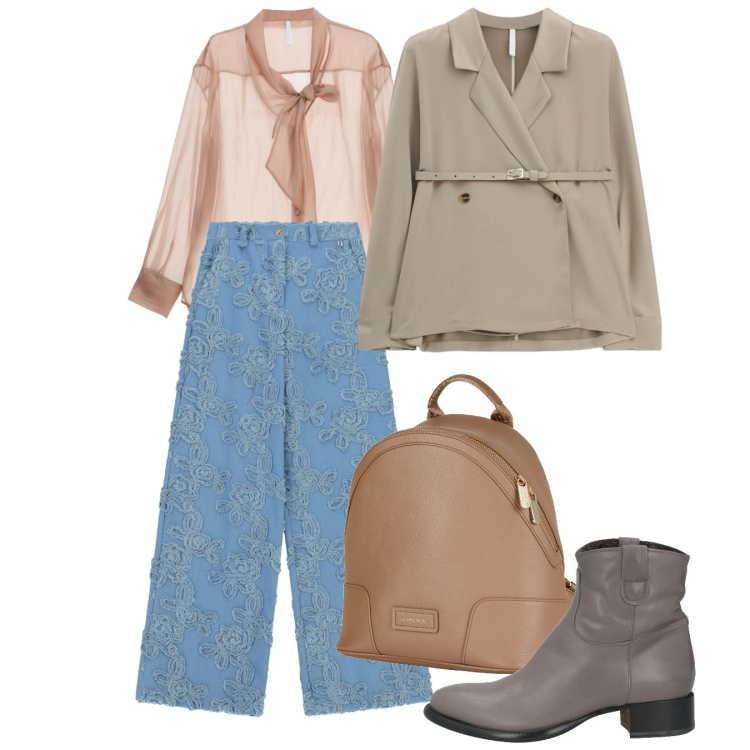 Outfit donna - Primavera. Stile Bon Ton per Tutti i giorni. Abbinamento con stivaletti, zaini, camicie, blazer, pantaloni a palazzo.