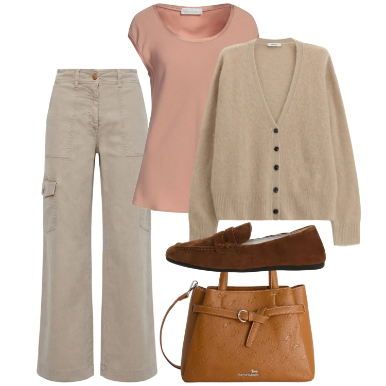 Outfit donna - Spring time. Stile Basic per Tutti i giorni. Abbinamento con top, borse a mano, pantaloni cargo, cardigans, mocassini.