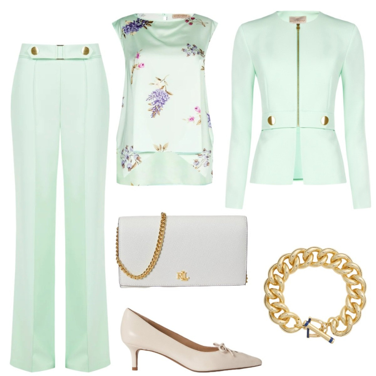 Outfit donna - Rinascimento ss26. Stile Chic per Cerimonia. Abbinamento con blazer, pantaloni, top, braccialetti, décolleté, borse a tracolla.