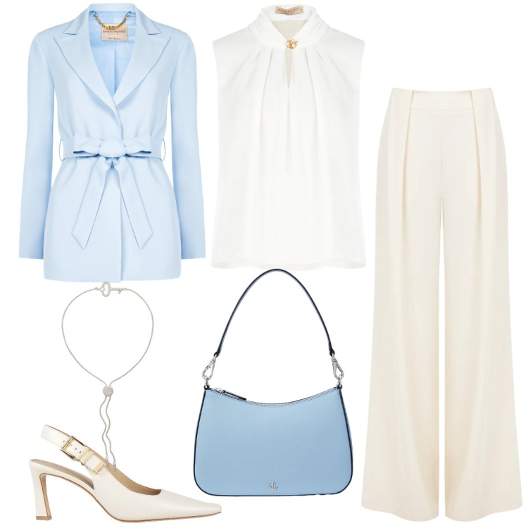 Outfit donna - Rinascimento ss26. Stile Chic per Cerimonia. Abbinamento con décolleté, top, blazer, pantaloni a palazzo, braccialetti, borse a spalla.