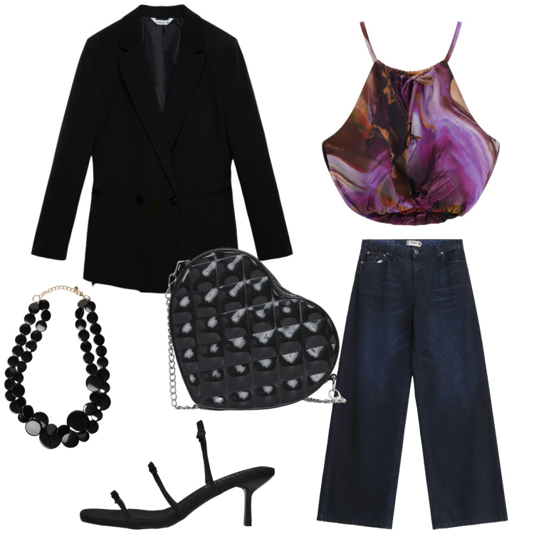 Outfit donna - Total look #2355934. Stile Chic per Serata fuori. Abbinamento con blazer, borse a tracolla, sandali col tacco, collane, top, jeans.