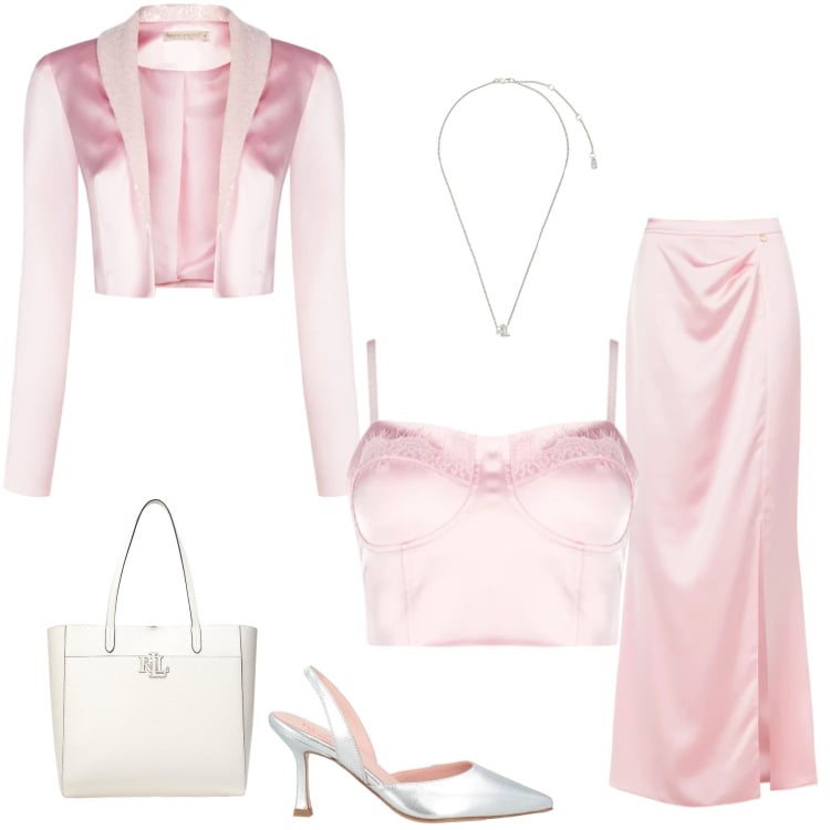 Outfit donna - Symphony in Pink. Stile Glamour per Cerimonia. Abbinamento con décolleté, gonne lunghe, top, bolero, ciondoli, borse tote.