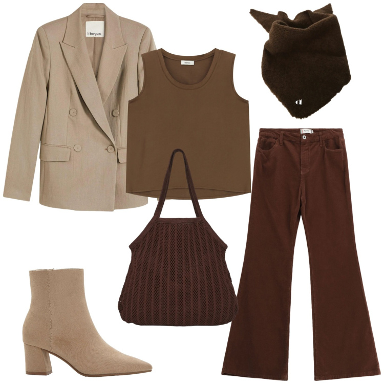 Outfit donna - Total look #2355950. Stile Trendy per Tutti i giorni. Abbinamento con stivaletti, blazer, shopping bag, canottiere, foulard, pantaloni.