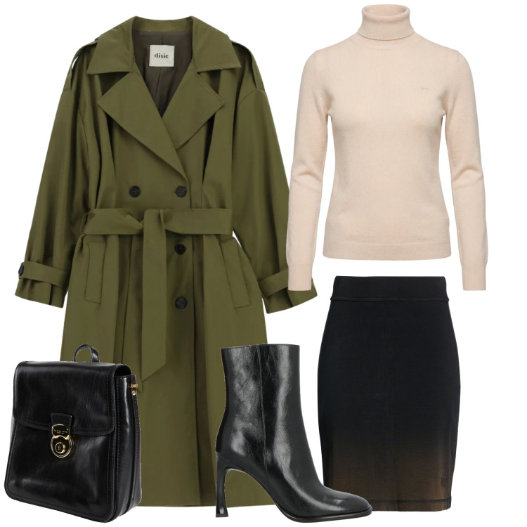 Outfit donna - Accidenti, piove!. Stile Casual chic per Ufficio. Abbinamento con minigonne, zaini, stivaletti, maglieria, trench.