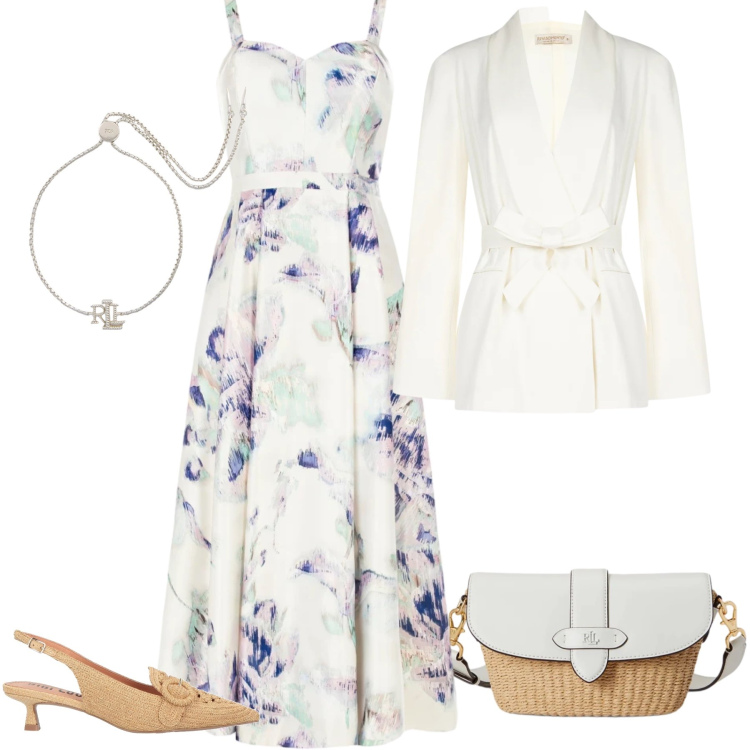 Outfit donna - Eleganza Floreale. Stile Casual chic per Tutti i giorni. Abbinamento con décolleté, vestiti midi/longuette, blazer, braccialetti, borse a spalla.