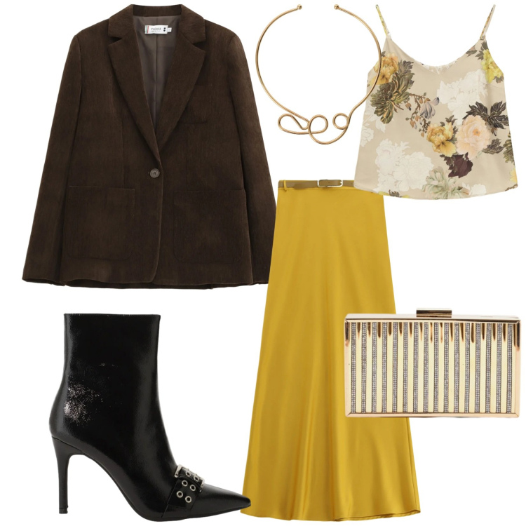 Outfit donna - Total look #2355955. Stile Chic per Serata fuori. Abbinamento con top, gonne lunghe, stivaletti, collane, blazer, clutch.