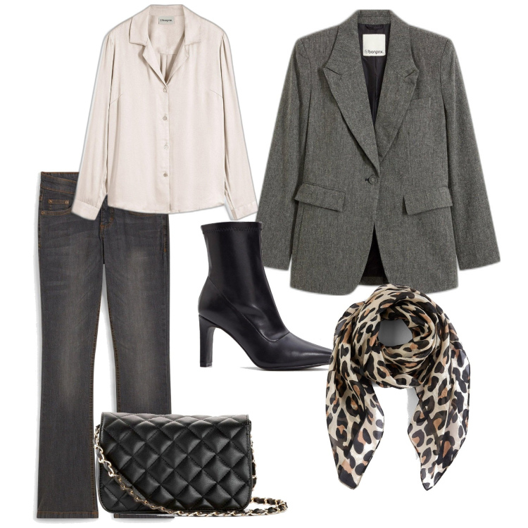 Outfit femme - Clara. Style Hommasse pour Bureau. Assortir avec jean bootcut, sacs en bandoulière, chemisiers, blazers, foulards, bottines.