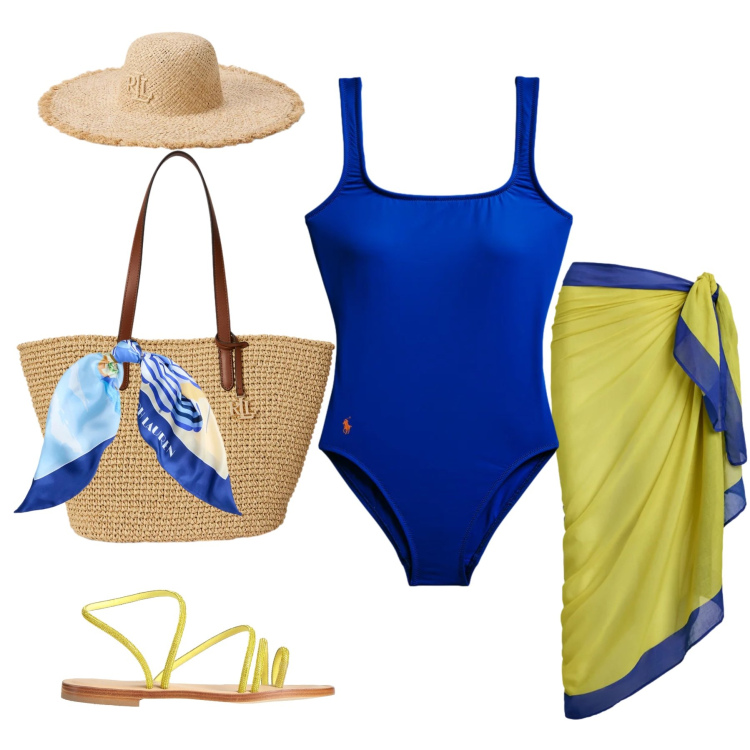 Outfit donna - Riviera Chic. Stile Glamour per Mare. Abbinamento con ciabatte, foulard, borse tote, cappelli, vestiti da spiaggia, costumi interi.