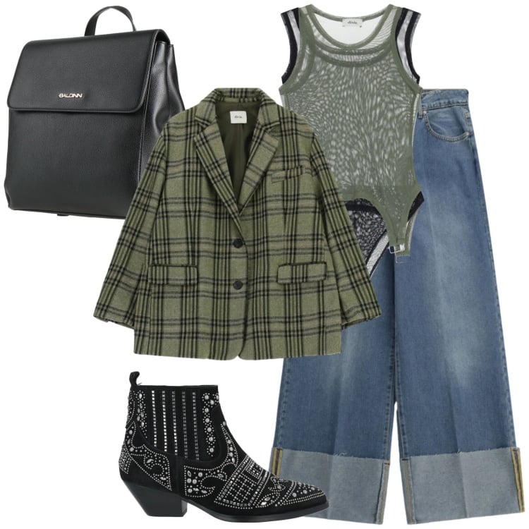 Outfit donna - Aperitivo del lunedì. Stile Rock per Serata fuori. Abbinamento con stivaletti, zaini, jeans, blazer, body.