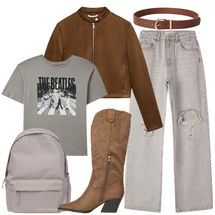 Outfit donna - Texani in primavera. Stile Casual per Tutti i giorni. Abbinamento con t-shirt, stivali, giacche, zaini, cinture, jeans strappati.