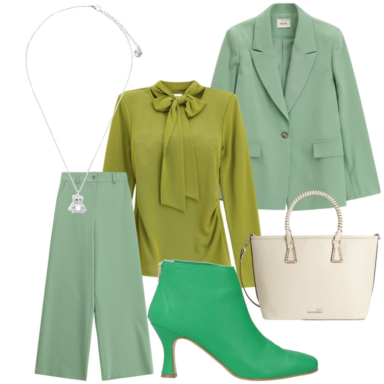 Outfit donna - In verde. Stile Casual chic per Tutti i giorni. Abbinamento con stivaletti, shopping bag, maglieria, pantaloni a palazzo, blazer, ciondoli.