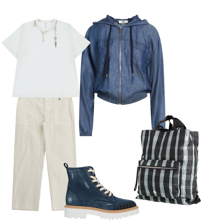 Outfit donna - Sabato pomeriggio. Stile Casual per Tutti i giorni. Abbinamento con felpe con cappuccio, stivaletti, zaini, t-shirt, pantaloni.