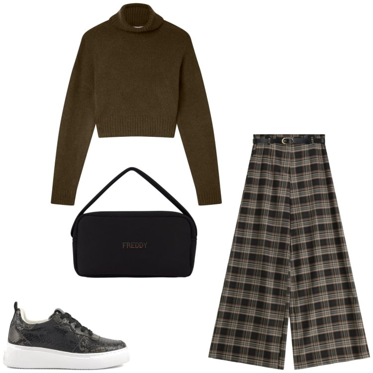 Outfit donna - Total look #2355972. Stile Casual per Tutti i giorni. Abbinamento con maglieria, pantaloni a palazzo, borse a mano, sneakers.