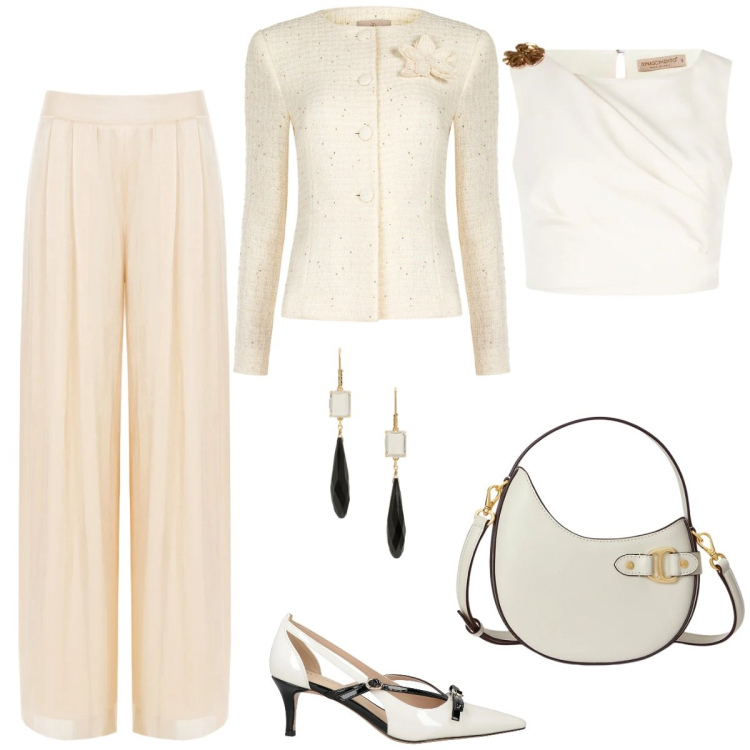 Outfit donna - Rinascimento ss26. Stile Chic per Cerimonia. Abbinamento con décolleté, blazer, top, pantaloni a palazzo, borse a tracolla, orecchini.