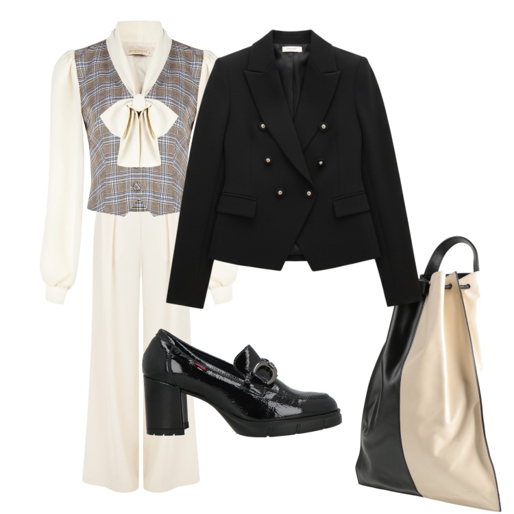 Outfit donna - Giochi di stile. Stile Mannish per Serata fuori. Abbinamento con zaini, mocassini, blazer, pantaloni a palazzo, bluse.