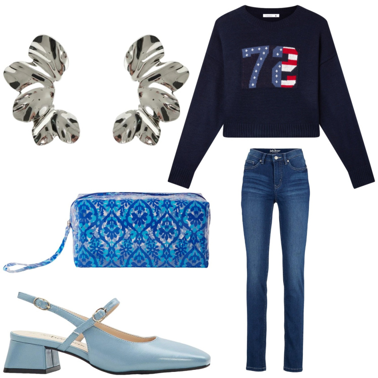 Outfit donna - Casual in primavera. Stile Casual per Tutti i giorni. Abbinamento con jeans, décolleté, pochette, t-shirt, orecchini.