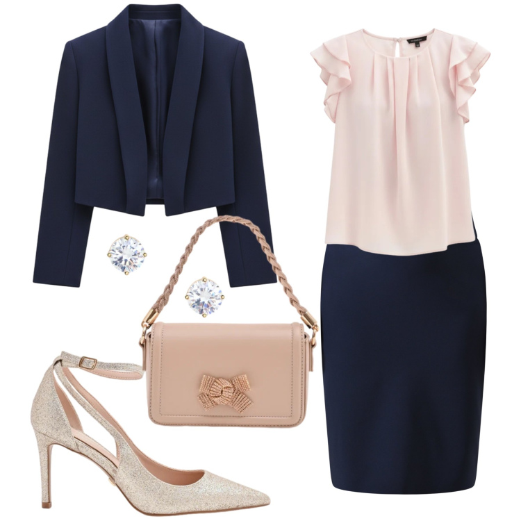 Outfit donna - Eleganza Atemporale: Navy & Rose. Stile Basic per Ufficio. Abbinamento con bolero, top, gonne, pochette, décolleté, orecchini.