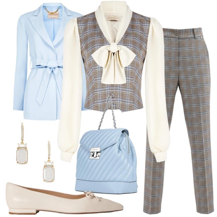 Outfit donna - Nuovo Capitolo: Azzurro Polvere e Check. Stile Bon Ton per Ufficio. Abbinamento con zaini, pantaloni, bluse, blazer, orecchini, ballerine.