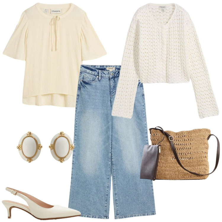 Outfit donna - Total look #2355991. Stile Romantica per Tutti i giorni. Abbinamento con tuniche, jeans, décolleté, cardigans, borse a tracolla, orecchini.