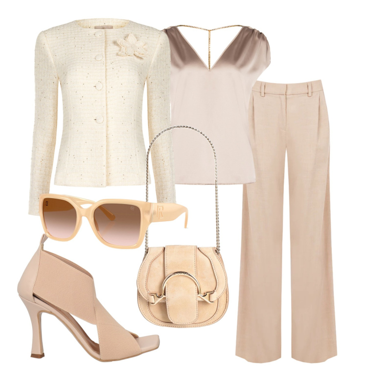 Outfit donna - Riflessi di Cipria e Luce. Stile Romantica per Cerimonia. Abbinamento con sandali in pelle, marsupi, top, blazer, pantaloni a palazzo, occhiali da sole.