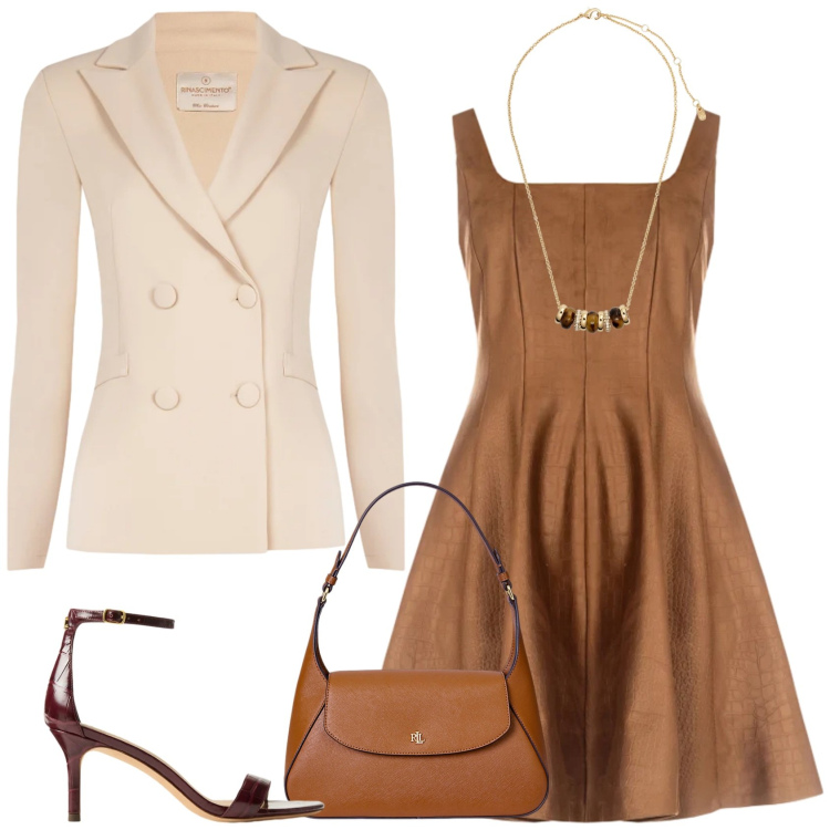 Outfit donna - Effetto cocco. Stile Glamour per Serata fuori. Abbinamento con vestiti corti, blazer, collane, borse a spalla, sandali in pelle.